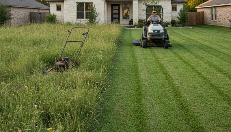 Before and after lawn mowing transformation by professional landscapers in Austin, TX