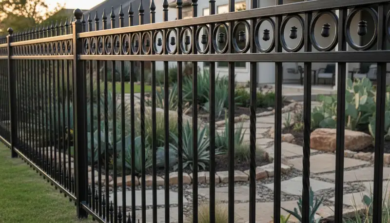 Black metal ornamental fence with decorative design by Chop Chop Landscaping in Austin, TX