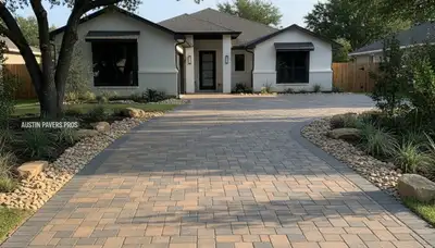 Completed interlocking paver driveway by professional landscapers in Austin, TX