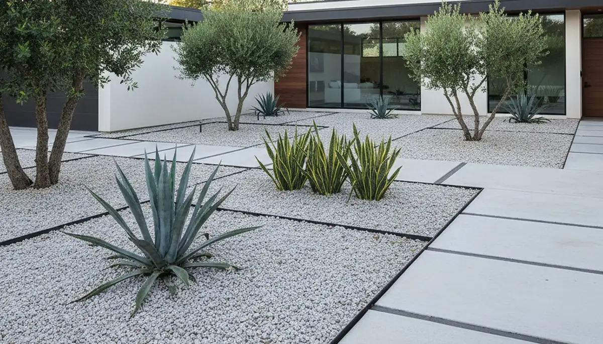 Modern pea gravel landscape with geometric design and clean lines in Austin, TX by Chop Chop Landscaping