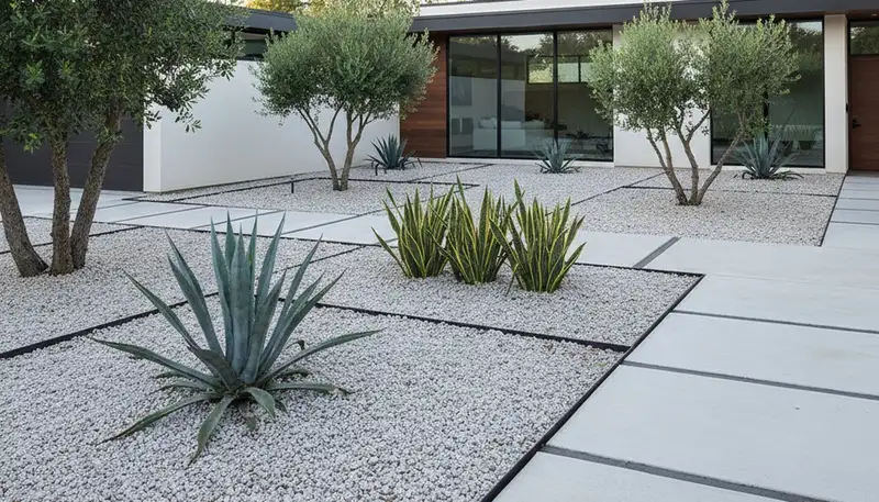 Modern pea gravel landscape with geometric design and clean lines in Austin, TX by Chop Chop Landscaping