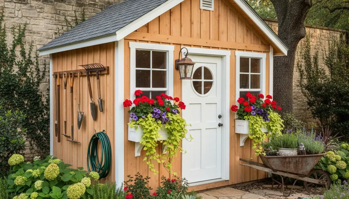 Decorative garden shed with custom landscaping in Austin, TX by Chop Chop Landscaping