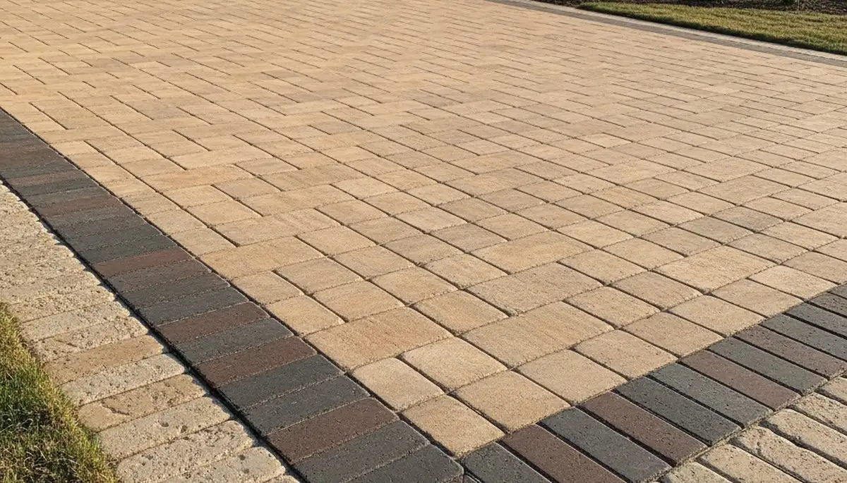 Decorative paver border and edging installation by driveway pavers in Austin, TX landscaping project