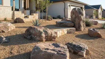 Decorative rock and boulder desertscape installation by professional landscapers in Austin, TX