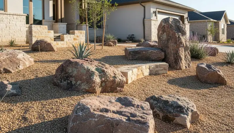 Decorative rock and boulder desertscape installation by professional landscapers in Austin, TX