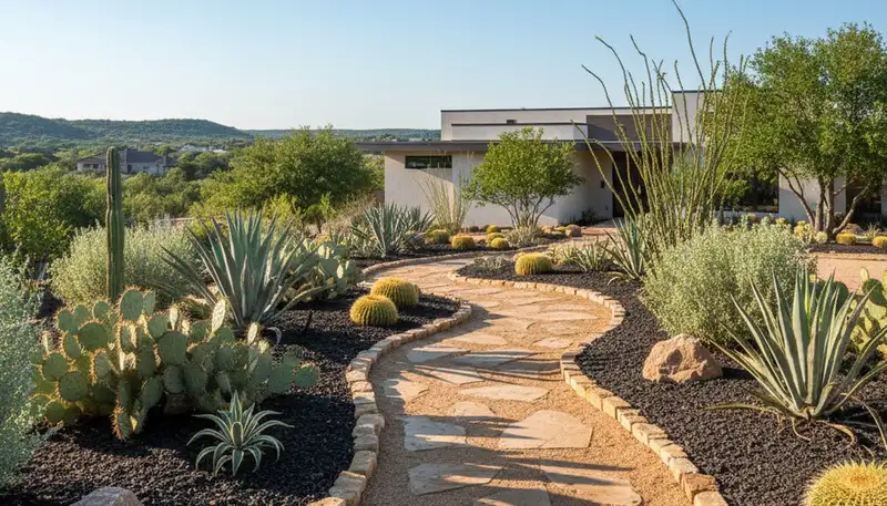 Desert pathway with decomposed granite and stone by Chop Chop Landscaping in Austin, TX