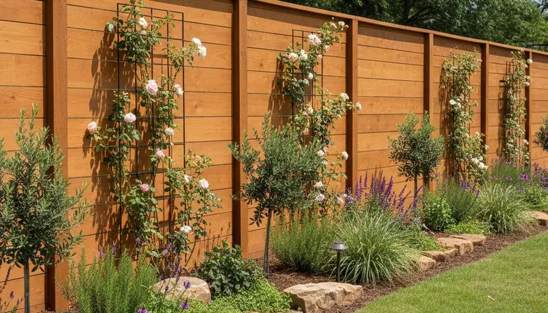 Custom wood fence with climbing plants and landscape beds by Chop Chop Landscaping in Austin, TX