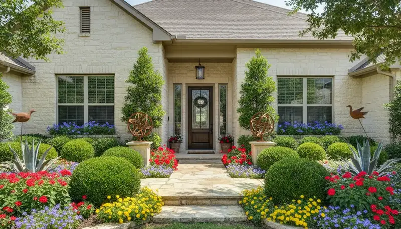 Front yard landscape design with colorful shrubs and flowers by professional landscapers in Austin, TX