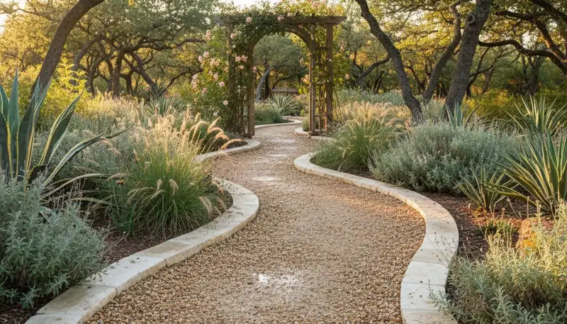 Pea gravel garden path in Austin TX landscape with defined edges and natural drainage design