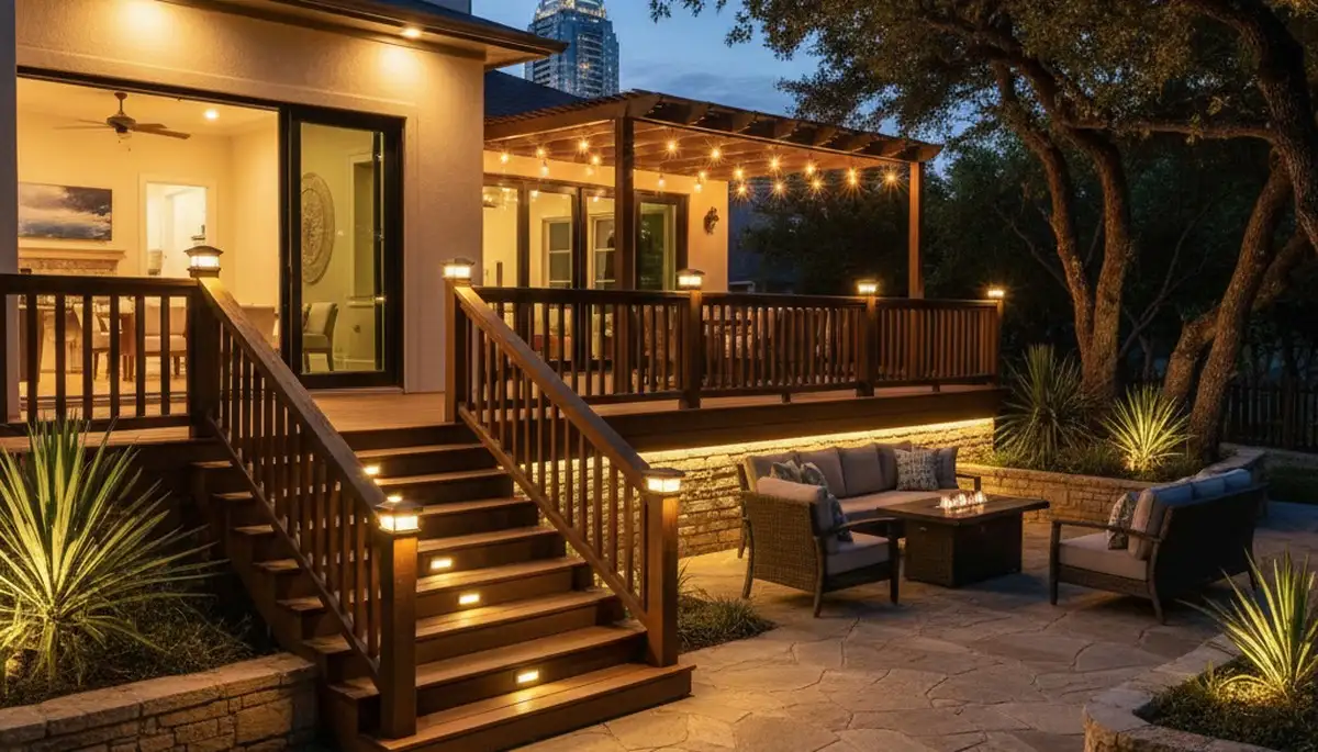 Illuminated deck and patio with professional landscape lighting installation in Austin, TX