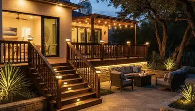 Illuminated deck and patio with professional landscape lighting installation in Austin, TX