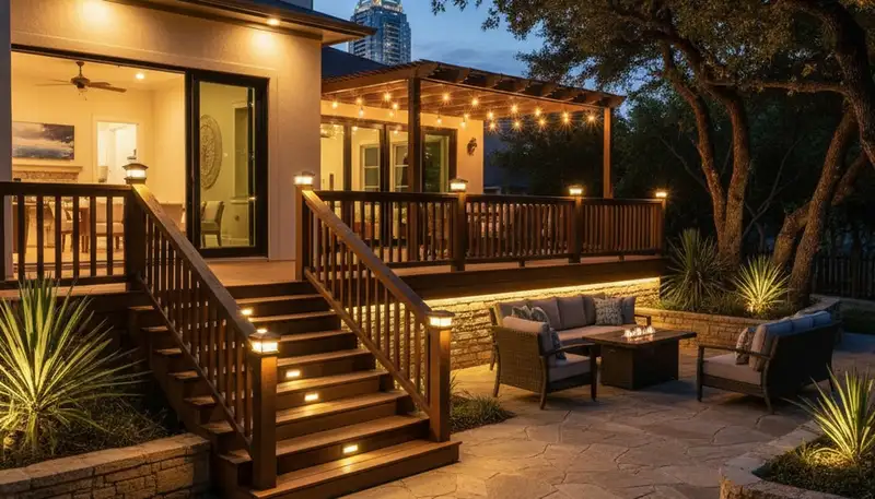 Illuminated deck and patio with professional landscape lighting installation in Austin, TX