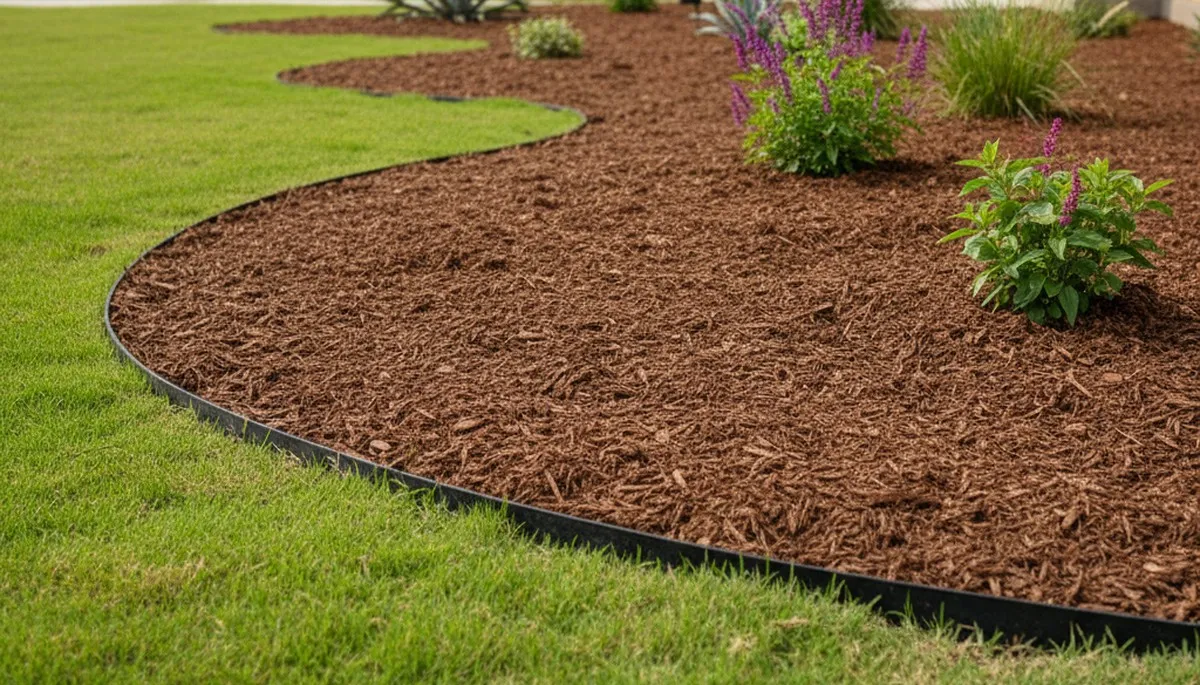Fresh mulch and clean bed edging by Austin TX landscapers showcasing expert lawn care craftsmanship