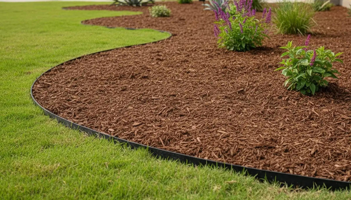 Fresh mulch and clean bed edging by Austin TX landscapers showcasing expert lawn care craftsmanship