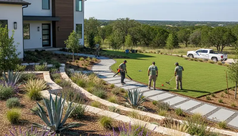 Landscaping crew serving Austin, TX with professional lawn and landscape maintenance services