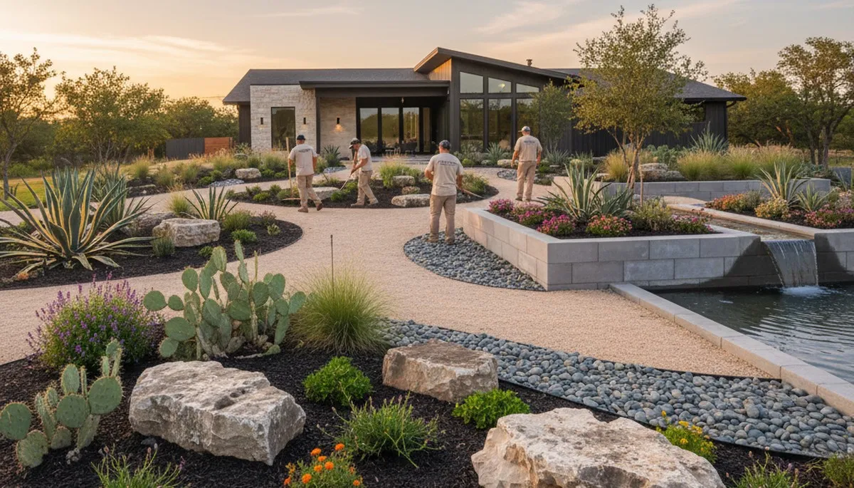 Austin, TX landscaping team enhancing a residential yard with professional outdoor maintenance service