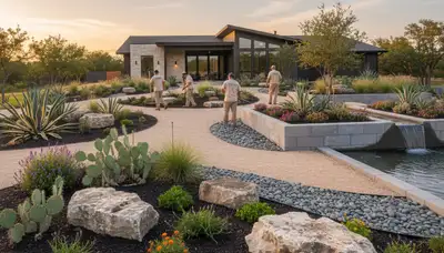 Austin, TX landscaping team enhancing a residential yard with professional outdoor maintenance service