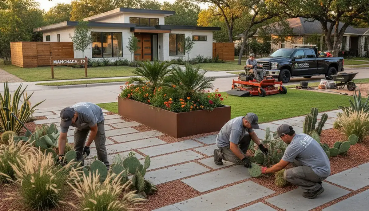 Austin, TX landscaping team installing a custom residential landscape design