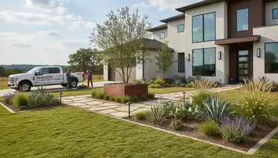 Austin, TX landscaping service team maintaining a residential yard with professional outdoor care
