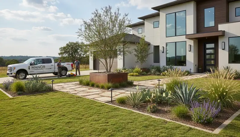 Austin, TX landscaping service team maintaining a residential yard with professional outdoor care