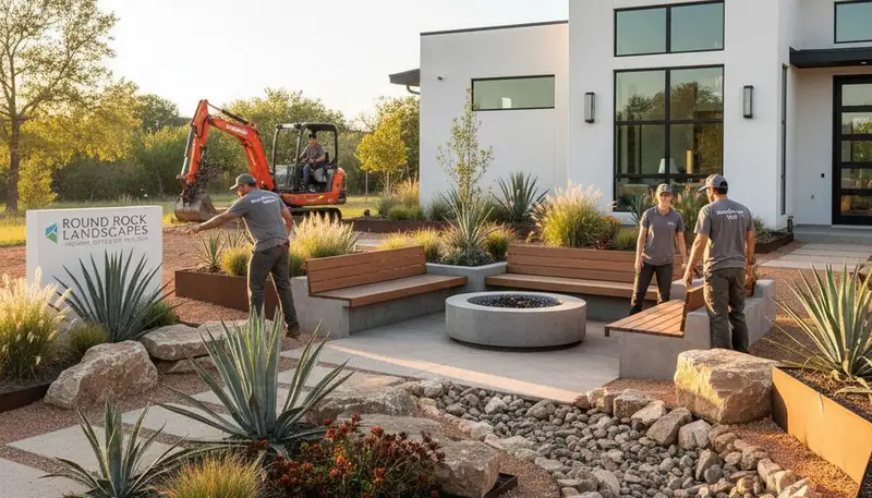 Austin, TX landscaping service crew maintaining a residential yard with professional lawn care equipment