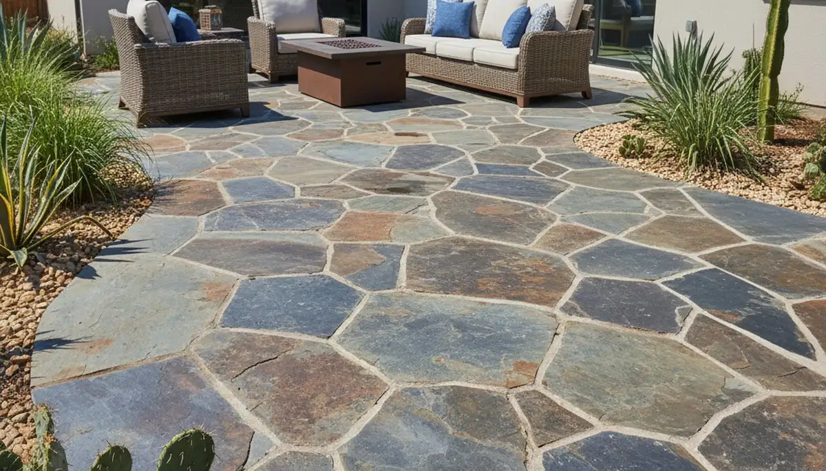 Modern large stone slab patio installation by Chop Chop Landscaping in Austin, TX