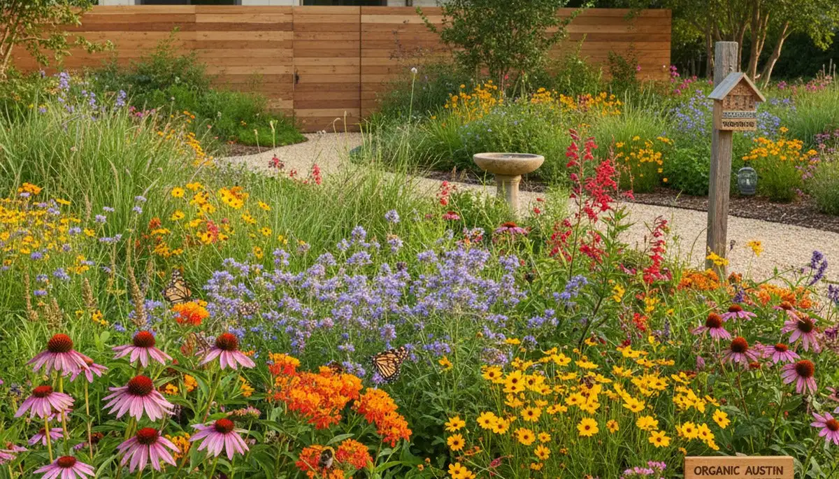 Native pollinator garden with native flowers and butterfly plants by organic landscapers in Austin, TX