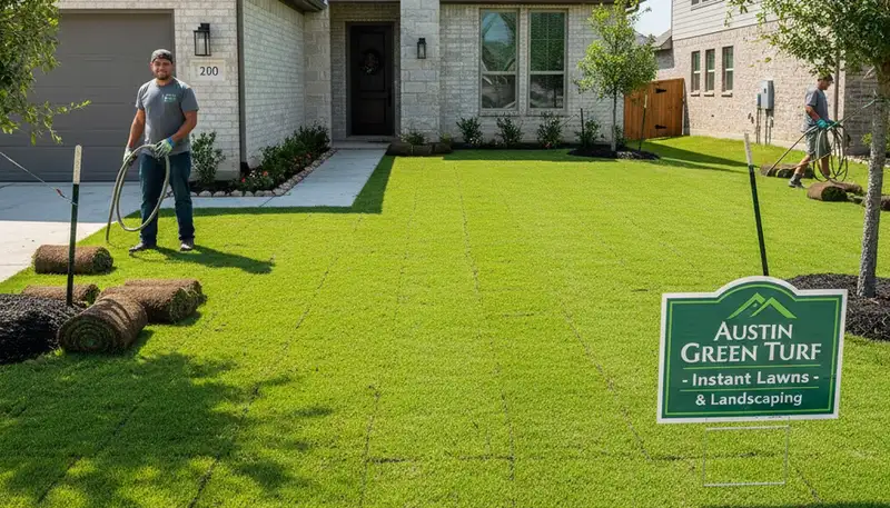 Freshly installed vibrant green sod lawn by Chop Chop Landscaping in Austin, TX