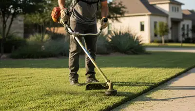 Technician edging lawn with string trimmer in Austin, TX for professional lawn maintenance services