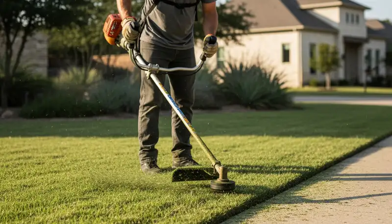 Technician edging lawn with string trimmer in Austin, TX for professional lawn maintenance services