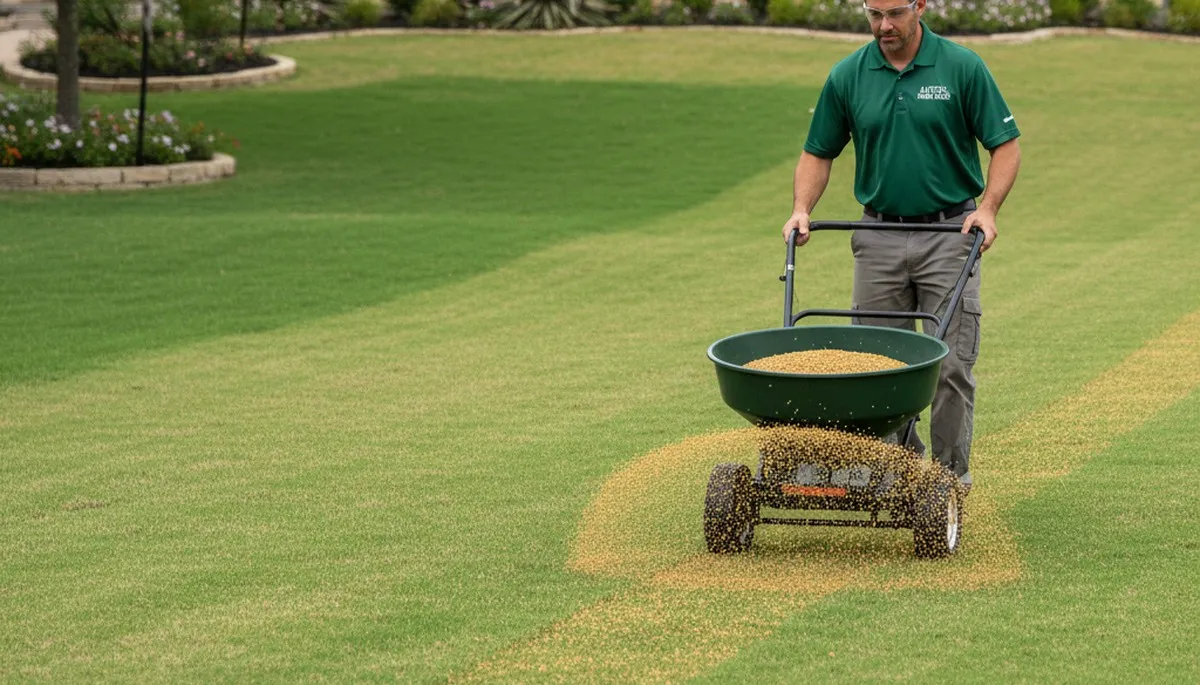 Lawn care technician spreading fertilizer evenly on residential turf in Austin, TX