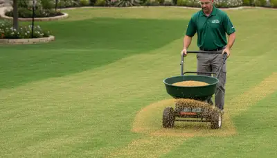 Lawn care technician spreading fertilizer evenly on residential turf in Austin, TX
