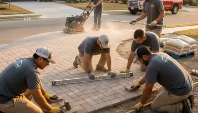 Professional crew installing residential driveway pavers in Austin, TX for Chop Chop Landscaping