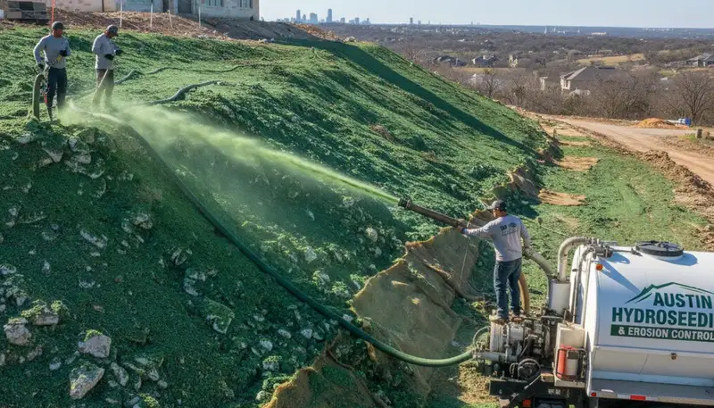 Professional hydroseeding on steep hillside for erosion control in Austin, TX landscaping project