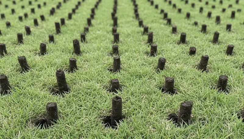 Close-up of soil core plugs after lawn aeration on residential turf in Austin, TX landscaping service