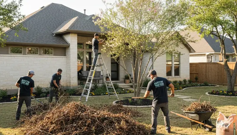 Austin TX landscapers clearing winter debris and pruning garden beds during spring yard clean up