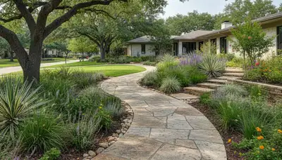 Curved stone paver walkway in Austin TX landscape by Chop Chop Landscaping for elegant outdoor design