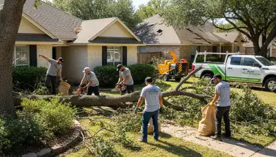 Landscapers removing storm debris and fallen branches from a residential yard in Austin, TX