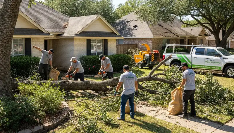 Landscapers removing storm debris and fallen branches from a residential yard in Austin, TX