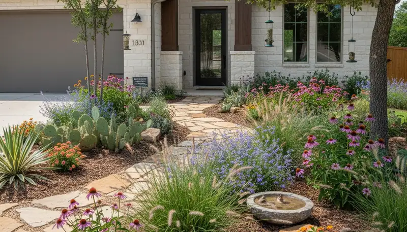 Sustainable native plant garden landscaping in Austin, TX with drought-tolerant, water-wise design