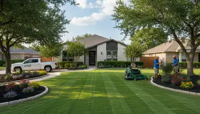 Lush green residential lawn with precise edging showcasing professional lawn maintenance in Austin, TX