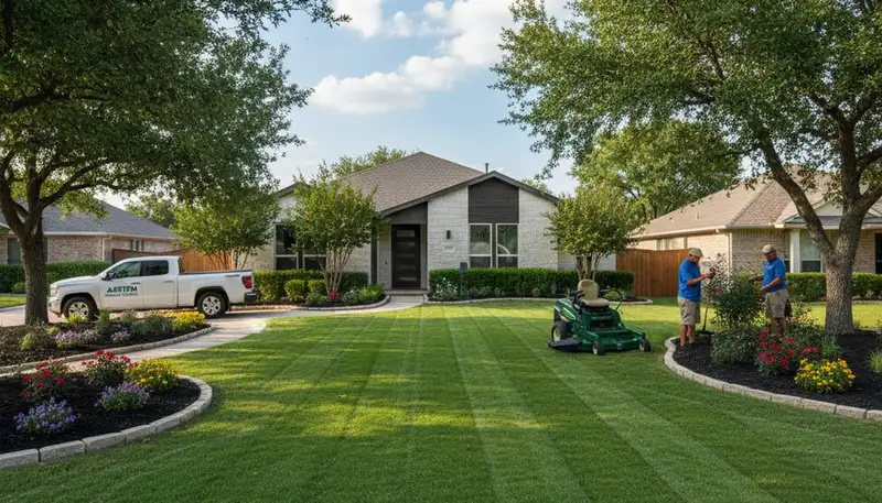 Lush green residential lawn with precise edging showcasing professional lawn maintenance in Austin, TX